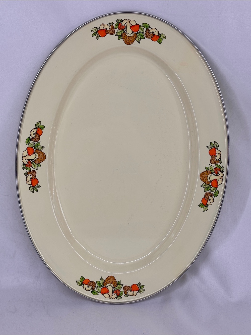 Vintage 70's Enamelware Oval Serving Platter Ivory "Merry Mushroom" Style Kitsch